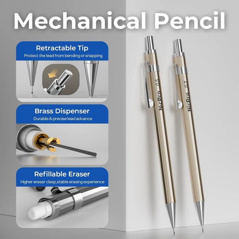 Nicpro 21PCS Professional Drafting Tools & Geometry Set with Case, Architect Compass & Protractor Set, Metal Pencils, Pens, Scale Ruler Metal Ruler, 5 Drawing Templates for Interior House Plan Design - Image 4